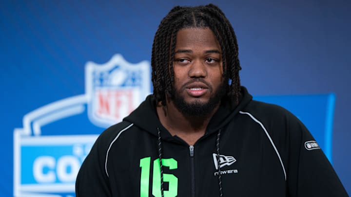 Feb 28, 2026; Indianapolis, IN, USA; Texas A&M offensive lineman Dametrious Crownover (OL16) speaks to members of the media during the NFL Combine at the Indiana Convention Center. Mandatory Credit: Jacob Musselman-Imagn Images