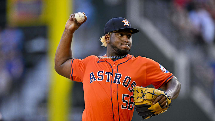 Apr 7, 2024; Arlington, Texas, USA; Houston Astros starting pitcher Ronel Blanco (56) pitches