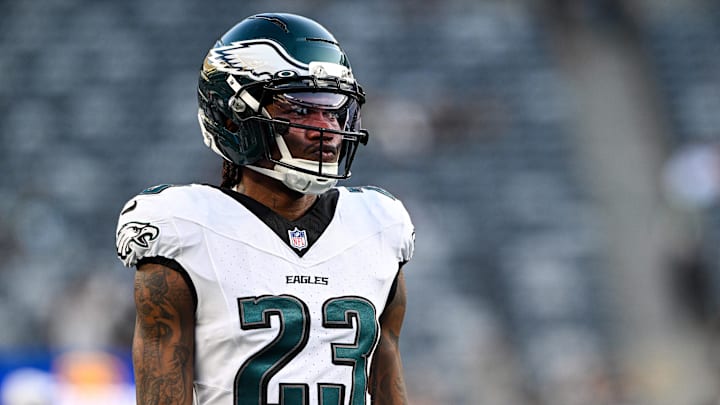 Aug 22, 2025; East Rutherford, New Jersey, USA; Philadelphia Eagles cornerback Eli Ricks (23) warms up before the game against the New York Jets at MetLife Stadium. Mandatory Credit: Mark Smith-Imagn Images