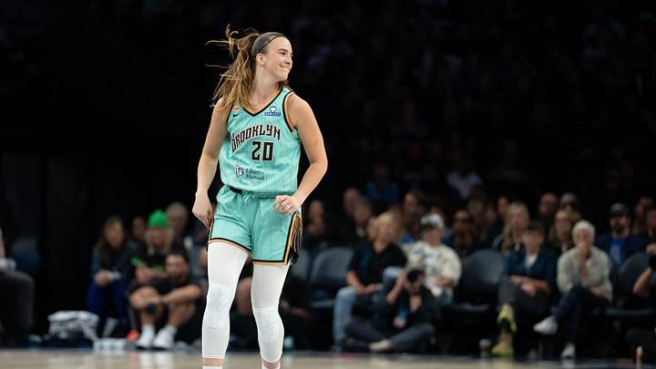 Sep 27, 2026; Minneapolis, Minnesota, USA;  New York Liberty guard Sabrina Ionescu (20) smiles after making a shot against the Minnesota Lynx in the second half during game one of the first round for the 2026 WNBA Playoffs at Target Center.  Mandatory Credit: Jesse Johnson-Imagn Images