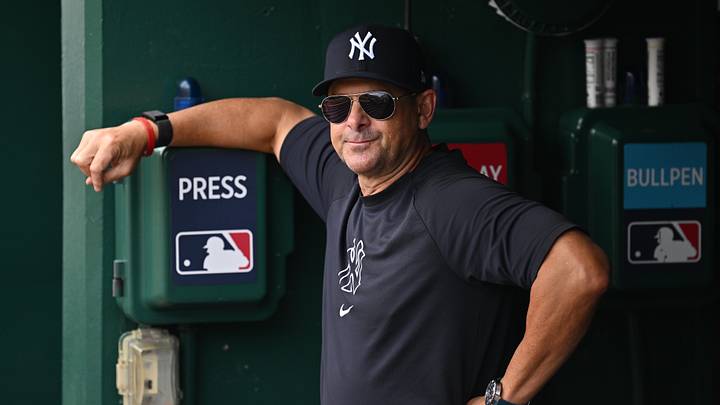 New York Yankees manager Aaron Boone (17) looks out over the field before the start of a game against the Washington Nationals at Nationals Park. New York Yankees manager Aaron Boone (17) looks out over the field before the start of a game against the Washington Nationals at Nationals Park.