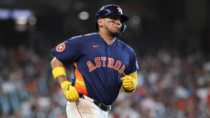 Jul 5, 2026; Houston, Texas, USA; Houston Astros third baseman Isaac Paredes (15) runs to first base after hitting a single during the eighth inning against the Tampa Bay Rays at Daikin Park. Mandatory Credit: Troy Taormina-Imagn Images