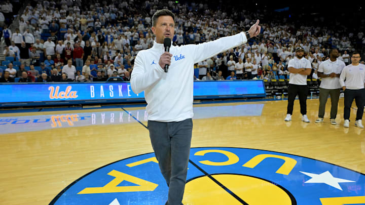 Jan 31, 2026; Los Angeles, California, USA; UCLA Bruins head football coach Bob Chesney is introduced during the basketball game against the Indiana Hoosiers at Pauley Pavilion presented by Wescom Financial. Mandatory Credit: Jayne Kamin-Oncea-Imagn Images