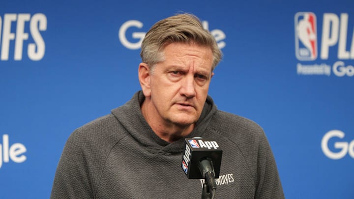 Apr 25, 2026; Minneapolis, Minnesota, USA; Minnesota Timberwolves head coach Chris Finch talks with the press before the 2026 NBA Playoffs first round game against the Denver Nuggets at Target Center. Mandatory Credit: Matt Blewett-Imagn Images