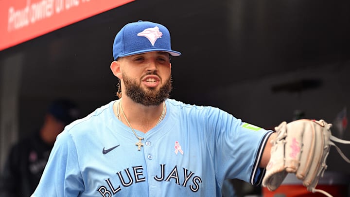 Toronto Blue Jays pitcher Alek Manoah (6) speaks to team mates in the dug out after the second inning against the Minnesota Twins at Rogers Centre in 2024.