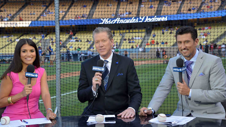 Sep 1, 2015; Los Angeles, CA, USA; Los Angeles Dodgers and SportsNet LA broadcasters Alanna Rizzo (left), Orel Hershiser (center) and Nomar Garciaparra before the game against the San Francisco Giants at Dodger Stadium. 