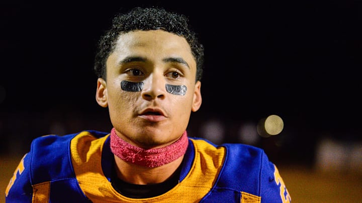 North Side's Javonte Smith (25) answers questions from media after North Side defeated hometown rivals South Side 28-7 at North Side Stadium in Jackson, Tenn., on Friday, Oct. 18, 2024.