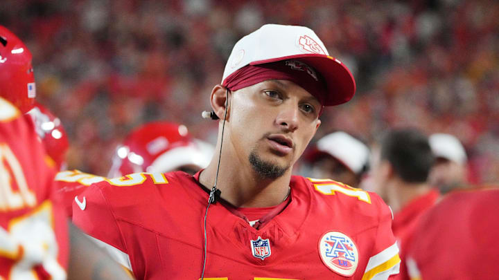 Aug 22, 2025; Kansas City, Missouri, USA; Kansas City Chiefs quarterback Patrick Mahomes (15) on the sidelines against the Chicago Bears during the game at GEHA Field at Arrowhead Stadium. Mandatory Credit: Denny Medley-Imagn Images