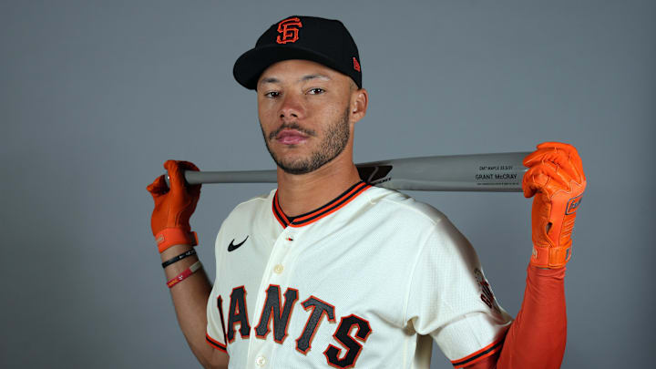 Feb 19, 2026; Scottsdale, AZ, USA; San Francisco Giants center fielder Grant McCray (58) poses during Photo Day at Scottsdale Stadium. Mandatory Credit: Rick Scuteri-Imagn Images