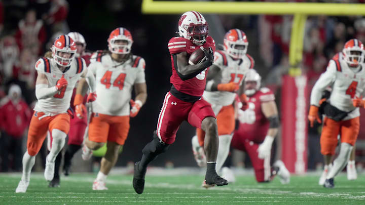 Wisconsin running back Darrion Dupree (6) sprints 84 yards for a touchdown during the third quarter of their game against Illinois Saturday, November 22, 2025 at Camp Randall Stadium in Madison, Wisconsin.