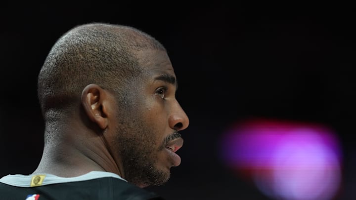 Apr 6, 2025; Portland, Oregon, USA; San Antonio Spurs point guard Chris Paul (3) looks on during the second half against the Portland Trail Blazers at Moda Center. Mandatory Credit: Soobum Im-Imagn Images