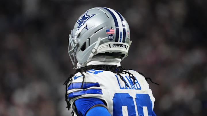 Nov 17, 2025; Paradise, Nevada, USA; Dallas Cowboys wide receiver CeeDee Lamb (88) wears a “94” decal on his helmet to honor teammate Marshawn Kneeland who tragically passed on November 6th, during the first half against the Las Vegas Raiders at Allegiant Stadium. 