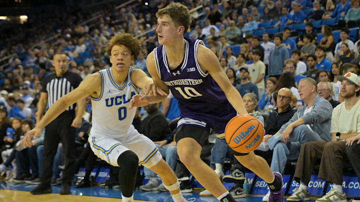 Jan 24, 2026; Los Angeles, California, USA; Northwestern Wildcats guard Max Green (10) is defended by UCLA Bruins guard Trent Perry (0) as he drives to the basket in the second half at Pauley Pavilion presented by Wescom Financial. Mandatory Credit: Jayne Kamin-Oncea-Imagn Images Jan 24, 2026; Los Angeles, California, USA; Northwestern Wildcats guard Max Green (10) is defended by UCLA Bruins guard Trent Perry (0) as he drives to the basket in the second half at Pauley Pavilion presented by Wescom Financial. Mandatory Credit: Jayne Kamin-Oncea-Imagn Images