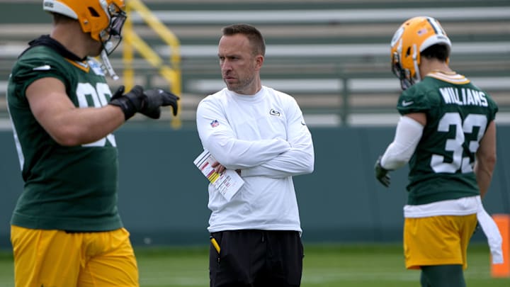Jun 11, 2024; Green Bay, WI, USA; Green Bay Packers defensive coordinator Jeff Hafley looks on during minicamp. Mandatory Credit: Mark Hoffman-Imagn Images