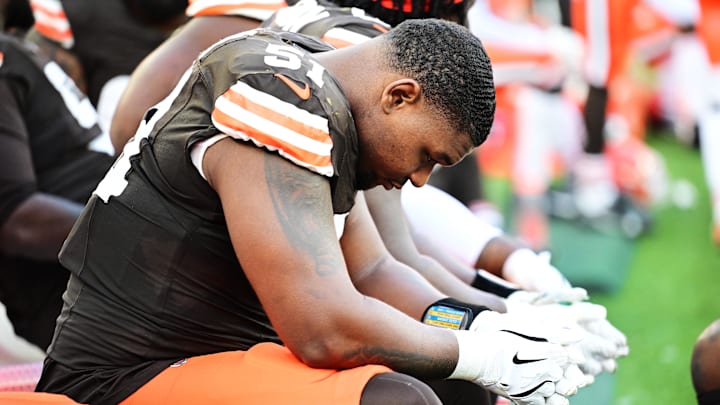 Nov 3, 2024; Cleveland, Ohio, USA; Cleveland Browns defensive tackle Mike Hall Jr. (51) sits on the sidelines during the second half against the Los Angeles Chargers at Huntington Bank Field. Mandatory Credit: Ken Blaze-Imagn Images