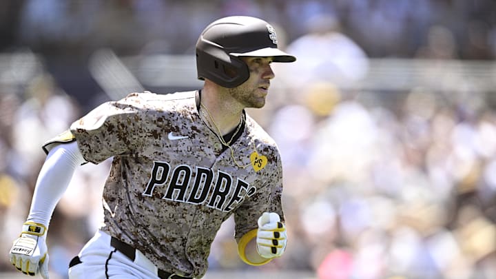 Jun 23, 2024; San Diego, California, USA; San Diego Padres catcher Brett Sullivan (29) runs out a fly ball to end the third inning against the Milwaukee Brewers at Petco Park. Mandatory Credit: Orlando Ramirez-Imagn Images