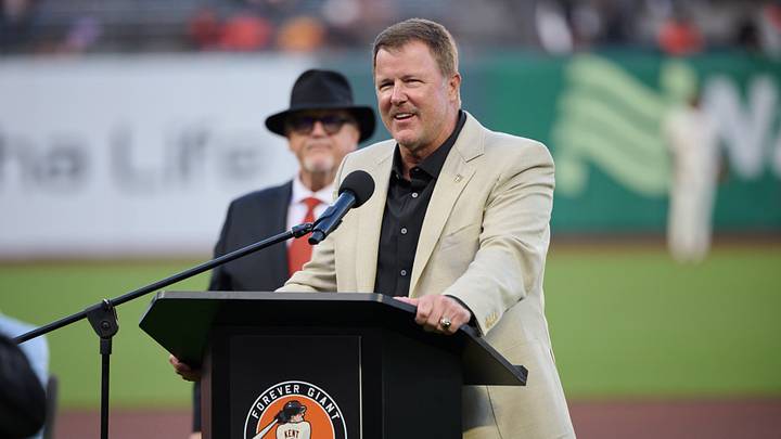 Aug 29, 2026; San Francisco, California, USA; Former San Francisco Giants player Jeff Kent speaks at a ceremony held to honor his MLB Hall of Fame induction and to retire his jersey number twenty-one at Oracle Park. Mandatory Credit: Robert Edwards-Imagn Images