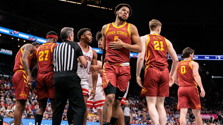 Mar 13, 2026; Kansas City, MO, USA; Iowa State Cyclones forward Joshua Jefferson (5) after a play during the first half against the Arizona Wildcats at T-Mobile Center. Mandatory Credit: William Purnell-Imagn Images