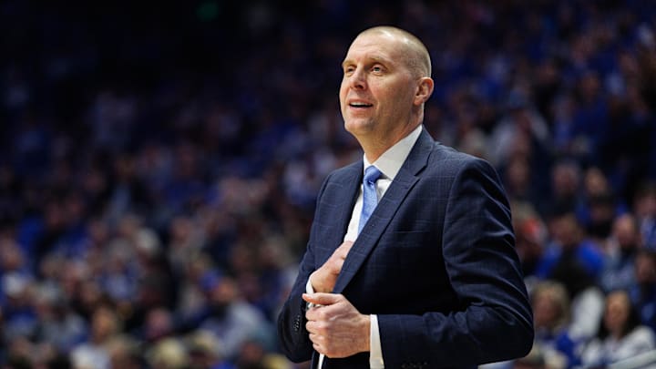 Feb 19, 2025; Lexington, Kentucky, USA; Kentucky Wildcats head coach Mark Pope watches the action during the first half against the Vanderbilt Commodores at Rupp Arena at Central Bank Center. Mandatory Credit: Jordan Prather-Imagn Images