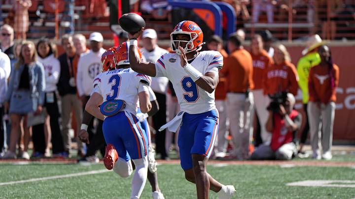 Oct 17, 2026; Austin, Texas, USA;  Florida Gators quarterback Tramell Jones Jr. (9) throws a pass during the first half against the Texas Longhorns at Darrell K Royal-Texas Memorial Stadium.  Mandatory Credit: Scott Wachter-Imagn Images