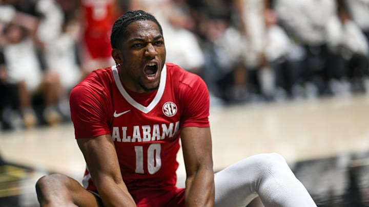 Nov 15, 2024; West Lafayette, Indiana, USA;  Alabama Crimson Tide forward Mouhamed Dioubate (10) reacts to a call during the first half against the Purdue Boilermakers at Mackey Arena. Mandatory Credit: Marc Lebryk-Imagn Images