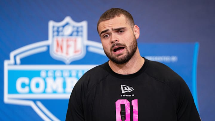 Feb 26, 2026; Indianapolis, IN, USA; Utah tight end Dallen Bentley (TE01) speaks to members of the media during the NFL Combine at the Indiana Convention Center.  