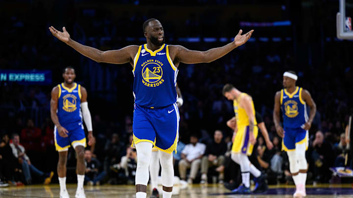 Oct 21, 2025; Los Angeles, California, USA; Golden State Warriors forward Draymond Green (23) reacts during the first half against the Los Angeles Lakers at Crypto.com Arena. Mandatory Credit: William Liang-Imagn Images Oct 21, 2025; Los Angeles, California, USA; Golden State Warriors forward Draymond Green (23) reacts during the first half against the Los Angeles Lakers at Crypto.com Arena. Mandatory Credit: William Liang-Imagn Images