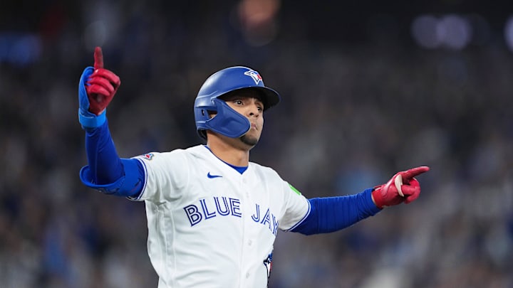 Mar 27, 2026; Toronto, Ontario, CAN; Toronto Blue Jays shortstop Andres Gimenez (0) celebrates after hitting a walk off single against the Athletics during the ninth inning at Rogers Centre. Mandatory Credit: Nick Turchiaro-Imagn Images Mar 27, 2026; Toronto, Ontario, CAN; Toronto Blue Jays shortstop Andres Gimenez (0) celebrates after hitting a walk off single against the Athletics during the ninth inning at Rogers Centre. Mandatory Credit: Nick Turchiaro-Imagn Images