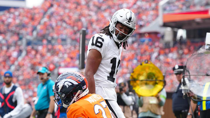 Sep 10, 2023; Denver, Colorado, USA; Las Vegas Raiders wide receiver Jakobi Meyers (16) reacts