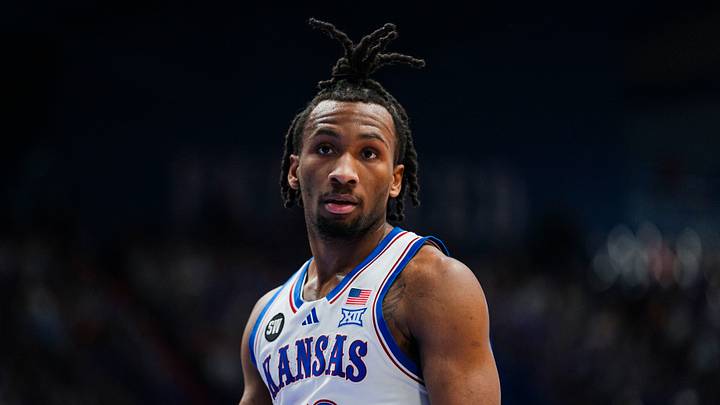 Feb 7, 2026; Lawrence, Kansas, USA; Kansas Jayhawks guard Darryn Peterson (22) reacts during the first half against the Kansas Jayhawks at Allen Fieldhouse. Mandatory Credit: Jay Biggerstaff-Imagn Images