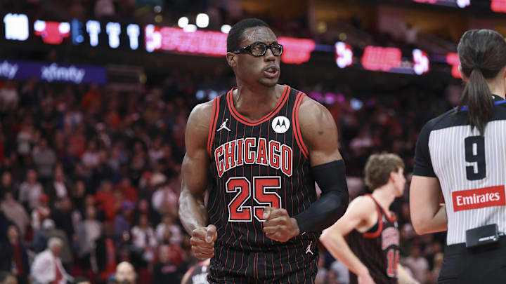 Jan 13, 2026; Houston, Texas, USA; Chicago Bulls forward Jalen Smith (25) reacts after a play during the fourth quarter against the Houston Rockets at Toyota Center. Mandatory Credit: Troy Taormina-Imagn Images