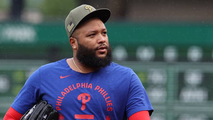 May 16, 2026; Pittsburgh, Pennsylvania, USA; Philadelphia Phillies relief pitcher José Alvarado (46) looks on before the game against the Pittsburgh Pirates at PNC Park. Mandatory Credit: Charles LeClaire-Imagn Images