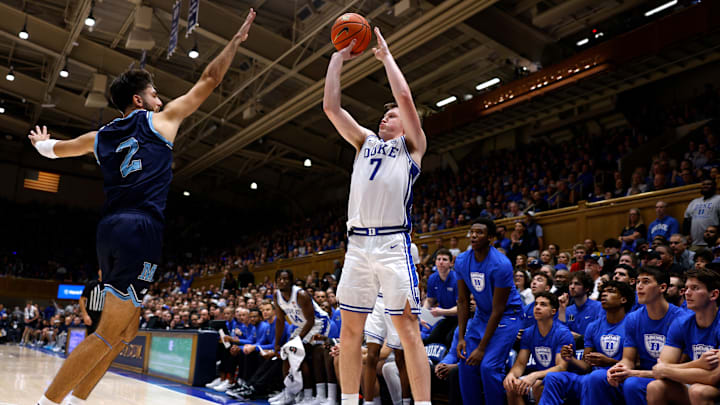 Maine v Duke; Duke basketball guard Kon Knueppel shoots a 3-pointer against Maine