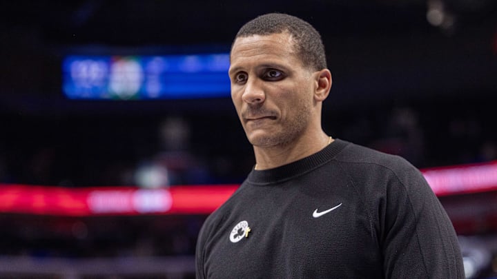 Oct 26, 2024; Detroit, Michigan, USA; Boston Celtics head coach Joe Mazzulla walks off the court after defeating the Detroit Pistons at Little Caesars Arena. Mandatory Credit: David Reginek-Imagn Images