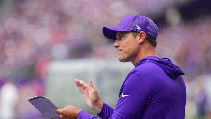 Aug 9, 2025; Minneapolis, Minnesota, USA; Minnesota Vikings head coach Kevin O'Connell claps to the crowd before the game against the Houston Texans at U.S. Bank Stadium. Mandatory Credit: Brad Rempel-Imagn Images