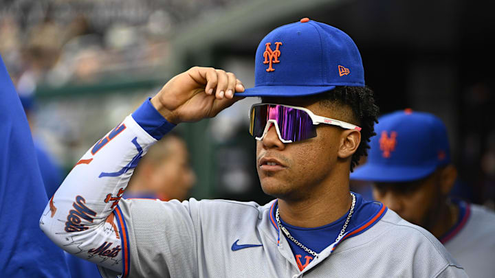 Apr 26, 2025; Washington, District of Columbia, USA; New York Mets outfielder Juan Soto (22) in the dugout against the Washington Nationals during the second inning at Nationals Park. Mandatory Credit: Brad Mills-Imagn Images
