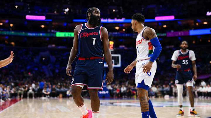 Nov 24, 2024; Philadelphia, Pennsylvania, USA; Los Angeles Clippers guard James Harden (1) looks on against Philadelphia 76ers forward KJ Martin (1) in the third quarter at Wells Fargo Center. Mandatory Credit: Kyle Ross-Imagn Images
