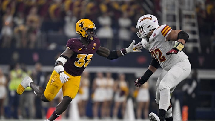 Dec 7, 2024; Arlington, TX, USA; Arizona State Sun Devils defensive lineman Prince Dorbah (32) and Iowa State Cyclones offensive lineman Jalen Travis (72) in action during the game between the Iowa State Cyclones and the Arizona State Sun Devils at AT&T Stadium. Mandatory Credit: Jerome Miron-Imagn Images