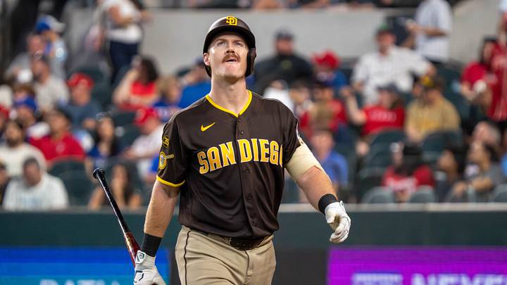 Jun 20, 2026; Arlington, Texas, USA;  San Diego Padres catcher Blake Hunt (26) reacts after striking out against the Texas Rangers during the seventh inning at Globe Life Field. Hunt made his MLB debut on June 19, 2026. Mandatory Credit: Raymond Carlin III-Imagn Images