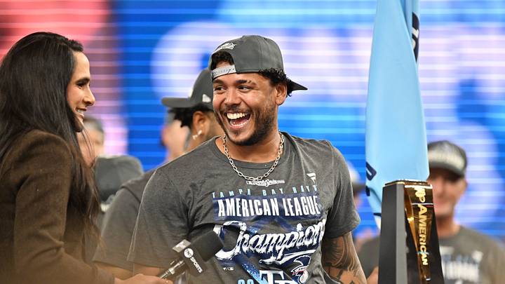 Oct 19, 2026; St. Petersburg, Florida, USA; Tampa Bay Rays pitcher Freddy Peralta (51) celebrates on the podium after defeating the Cleveland Guardians in game six of the ALCS for the 2026 MLB Playoffs at Tropicana Field. Mandatory Credit: Jonathan Dyer-Imagn Images Oct 19, 2026; St. Petersburg, Florida, USA; Tampa Bay Rays pitcher Freddy Peralta (51) celebrates on the podium after defeating the Cleveland Guardians in game six of the ALCS for the 2026 MLB Playoffs at Tropicana Field. Mandatory Credit: Jonathan Dyer-Imagn Images