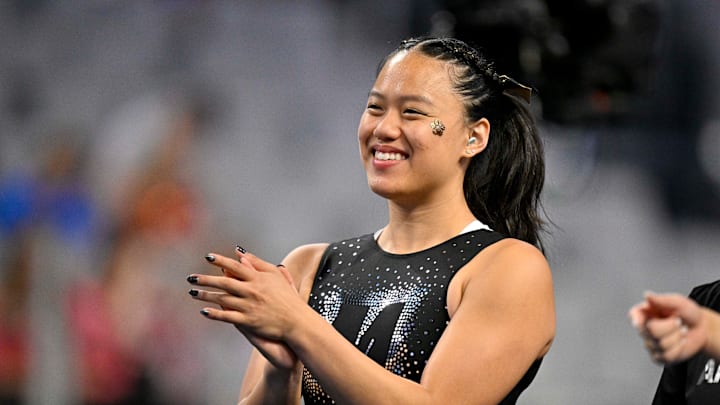 Apr 19, 2025; Fort Worth, TX, USA; Missouri Tigers gymnast Helen Hu looks on before the 2025 Women's National Gymnastics Championship at Dickies Arena. 
