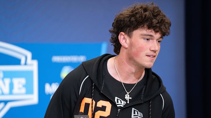 Penn State quarterback Drew Allar speaks to members of the media during the NFL Combine at the Indiana Convention Center. Penn State quarterback Drew Allar speaks to members of the media during the NFL Combine at the Indiana Convention Center.