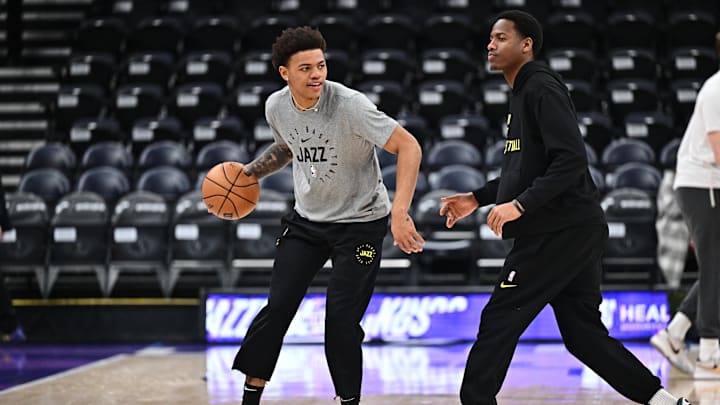 Feb 26, 2025; Salt Lake City, Utah, USA;  Utah Jazz guard Keyonte George (3) warms up before a game against the Sacramento Kings at Delta Center. Mandatory Credit: Jamie Sabau-Imagn Images