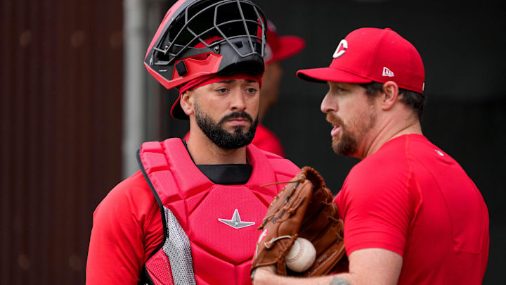 Cincinnati Reds catcher Will Banfield talks with pitcher Bryan Shaw after a throwing session at the Cincinnati Reds Player Development Complex in Goodyear, Ariz., on Wednesday, Feb. 12, 2025. Cincinnati Reds catcher Will Banfield talks with pitcher Bryan Shaw after a throwing session at the Cincinnati Reds Player Development Complex in Goodyear, Ariz., on Wednesday, Feb. 12, 2025.