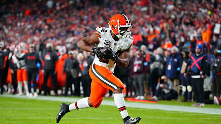 Dec 2, 2024; Denver, Colorado, USA; Cleveland Browns running back Nick Chubb (24) scores a touchdown in the fourth quarter against the Denver Broncos at Empower Field at Mile High. Mandatory Credit: Ron Chenoy-Imagn Images