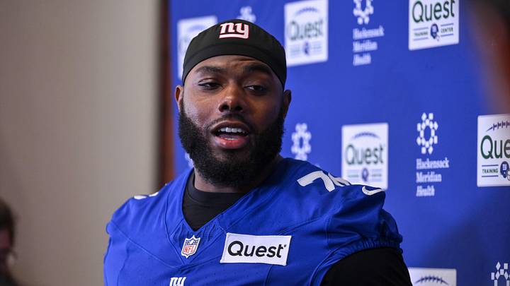 May 21, 2026; East Rutherford, NJ, USA; New York Giants offensive tackle Andrew Thomas (78) speaks at a press conference during organized team activities at Quest Diagnostics Training Center. May 21, 2026; East Rutherford, NJ, USA; New York Giants offensive tackle Andrew Thomas (78) speaks at a press conference during organized team activities at Quest Diagnostics Training Center.