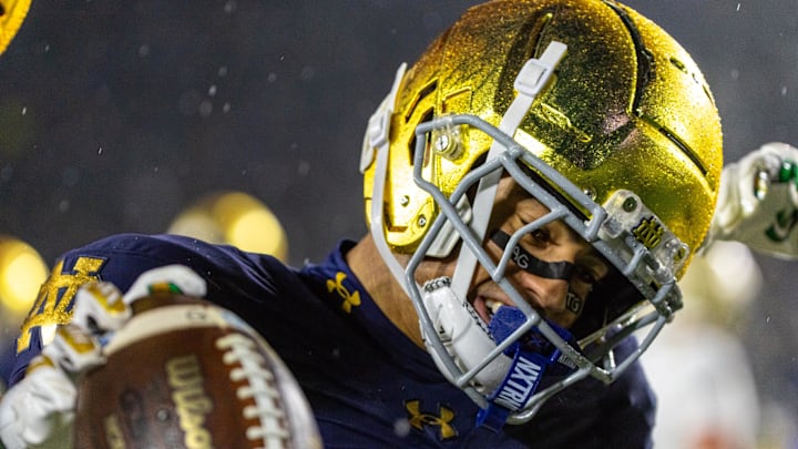 Nov 8, 2025; South Bend, Indiana, USA; Notre Dame Fighting Irish wide receiver Jordan Faison (6) celebrates scoring a touchdown against the Navy Midshipmen during the first half at Notre Dame Stadium. Mandatory Credit: Michael Caterina-Imagn Images