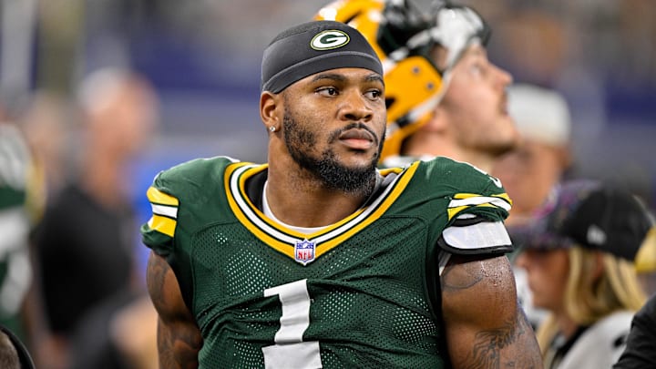 Sep 28, 2025; Arlington, Texas, USA; Green Bay Packers defensive end Micah Parsons (1) looks on from the sidelines during the game between the Dallas Cowboys and the Green Bay Packers at AT&T Stadium. Mandatory Credit: Jerome Miron-Imagn Images