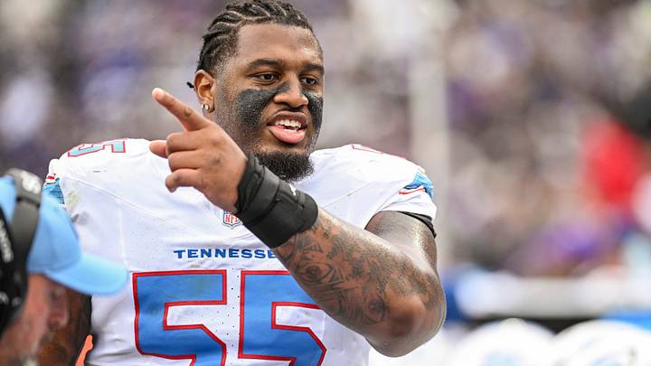 Oct 4, 2026; Baltimore, Maryland, USA;   Tennessee Titans offensive tackle JC Latham (55) speaks to teammates on the sidelines during the game Baltimore Ravens  at M&T Bank Stadium. Mandatory Credit: Tommy Gilligan-Imagn Images