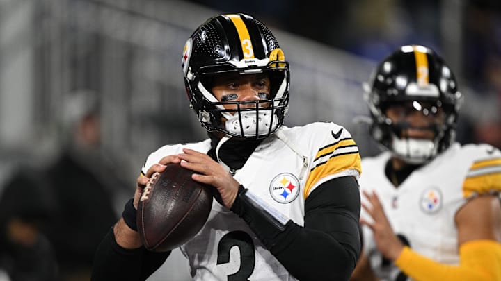 Jan 11, 2025; Baltimore, Maryland, USA; Pittsburgh Steelers quarterback Russell Wilson (3) warms up before an AFC wild card game against the Baltimore Ravens at M&T Bank Stadium. Mandatory Credit: Tommy Gilligan-Imagn Images